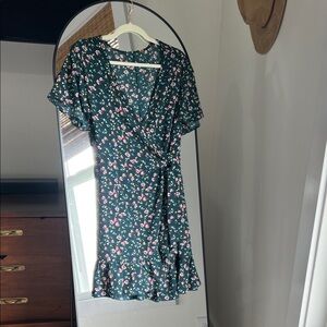 Amazon Floral Mini Dress - Dark Green with Pink Accents